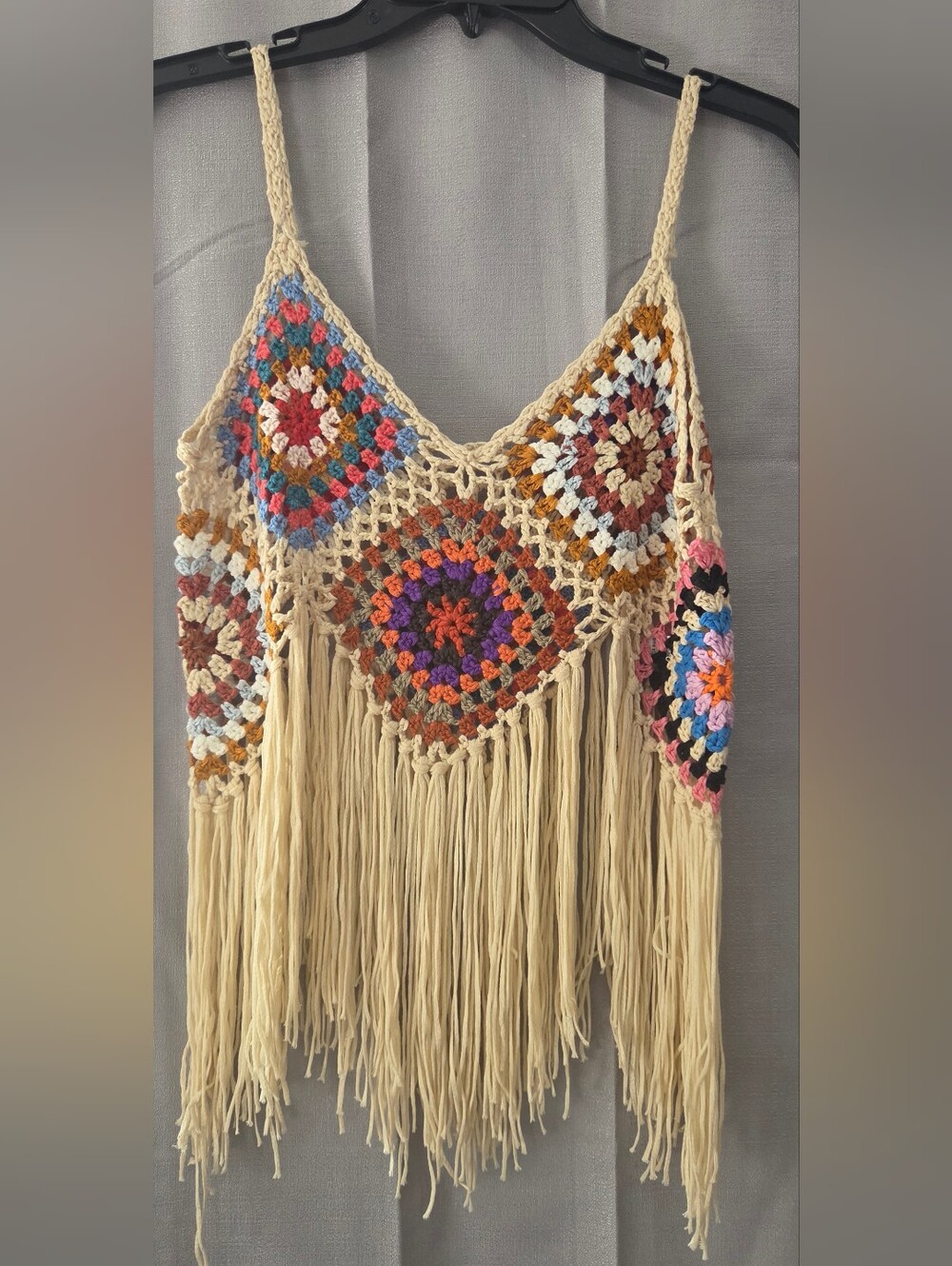 Colorful Crochet Granny Square Fringe Boho Festival Crop Top One Size Gypsycore
